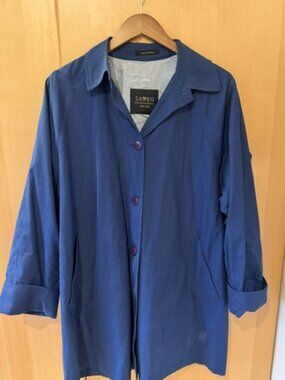 Vintage Sanyo Blue Short Swing Raincoat, Cuffs, Back Pleats, Cotton Blend
